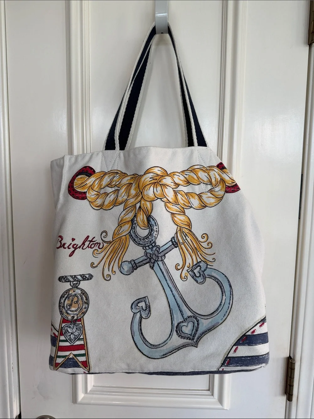 Brighton Cream Navy Red Nautical Canvas Tote Bag with Sunshine Yellow Accents